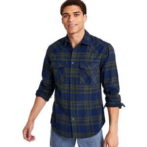 Crwth Mens Hatchet Regular-Fit Plaid Flannel Shirt Medium Navy - NWT $225